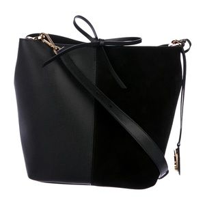 Brand New Stuart Weitzman 5050 Black Leather Suede Bucket Bag Purse w Storage